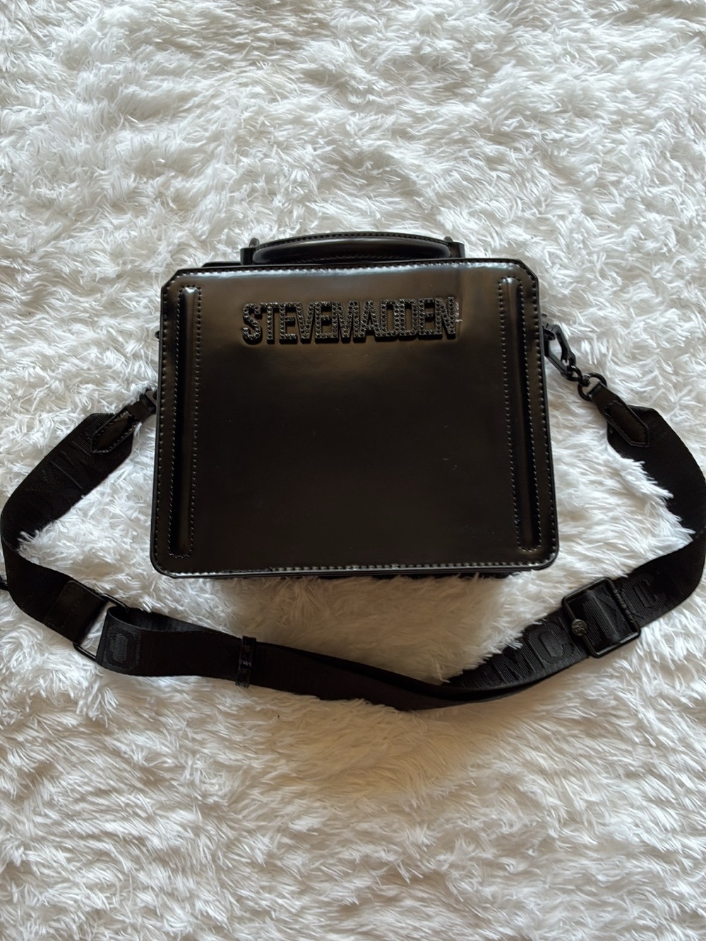 Steve Madden Black Patent Top Handle Crossbody Bag w/ Rhinestone Logo & Coin Pou